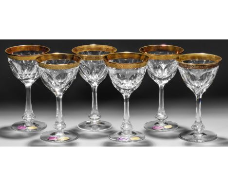 Satz von sechs Moser-Sherrygläsern "Lady Hamilton Gold" Farbloses Kristallglas, geschliffen. Flacher Scheibenfuß, Schaft und 