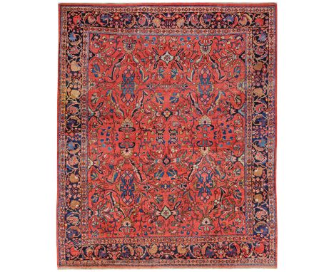 Großer, alter Mahal-Teppich Persien. Hamdan-Region. Um 1950. Wolle auf Baumwolle. Im hellroten Innenfeld flächendeckend dicht
