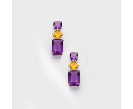 Paar dekorative Amethyst-Ohrgehänge Weißgold, gest. 14 ct.; Schauseitig besetzt mit tief violetten Amethysten von zus. ca. 32