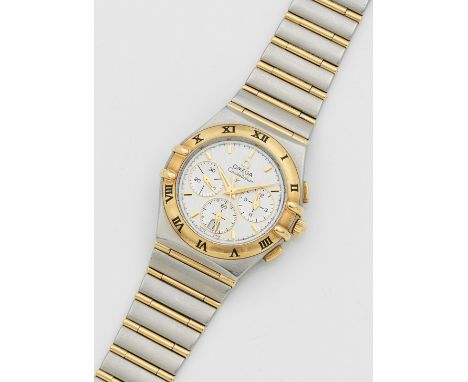 Herrenarmbanduhr von Omega-"Constellation-Chronograph" Stahl und 18 ct. Gelbgold. Rundes Uhrengehäuse, Lünette mit schwarzen 