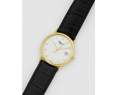Herrenarmbanduhr von Chopard-"Classic" Gelbgold, gest. 750. Rundes, flaches Uhrengehäuse, weißes Zifferblatt mit Gold-Indexen
