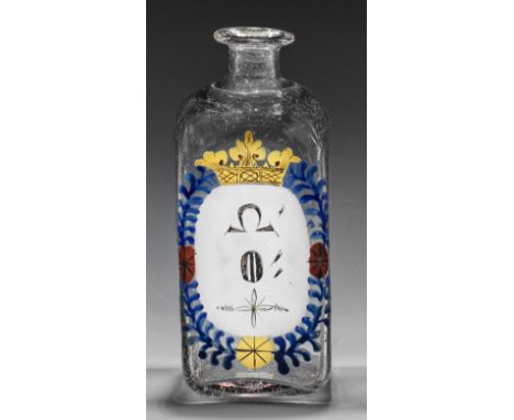 Apothekenflasche Leicht graustichiges Glas. Vierkantflasche mit quadratischem Querschnitt und gerundeter Schulter. Schauseiti