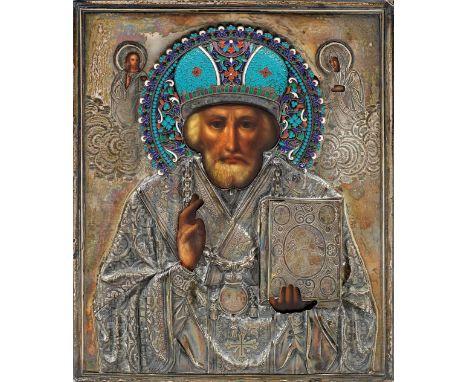 Silberoklad-Ikone "Hl. Nikolaus" Polychrome Malerei auf Holz. Halbfigurige Darstellung des Heiligen Nikolaus der Wundertäter 