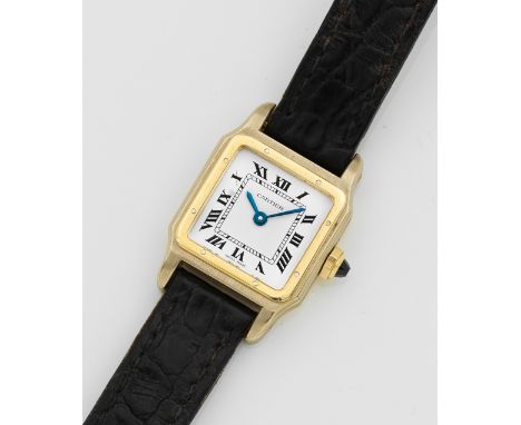 Damenarmbanduhr von Cartier-"Santos Dumont" von 1979 Stahl und 18 ct. Gelbgold. Nahezu quadratisches Uhrengehäuse mit aufgesc