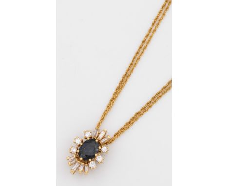 Saphir-Diamantanhänger der 1960er Jahre Gelbgold, gest. 750. Zentral besetzt mit einem tintenblauen Saphir von ca. 1,68 ct., 