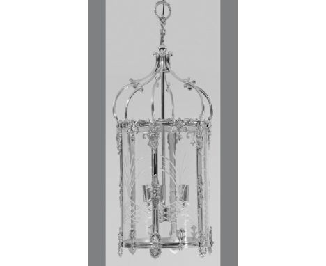 Deckenlampe 3-flg.; Metall, vernickelt sowie farbloses Glas. Zylinderförmiger Korpus aus schmalen Profilstreben und -stegen m