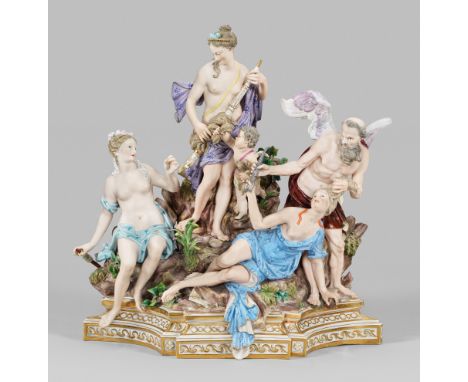 Paar große Meissen Figurengruppen "Die drei Parzen" und "Der Triumph des Apollo über Python"als Gegenstücke. 2-tlg., verschra