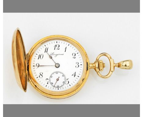 Damen-Savonette von Longines Gelbgold, gest. 18 ct.; 3-Deckel-Goldgehäuse. Weißes Emailzifferblatt mit schwarzen, arabischen 