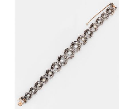 Viktorianisches Perl-Diamant-Armband in Ajour Silber, teilw. mit 14 ct.; Roségold verbödet. Linear im leichten Verlauf besetz