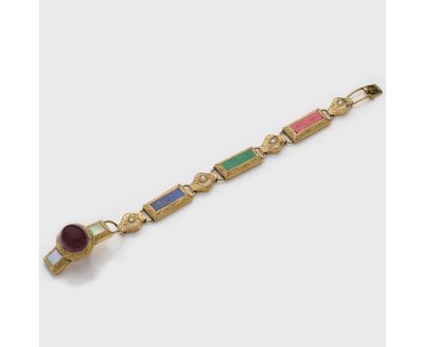 Viktorianisches Multicolor-Armband Gelbgold, 14 ct.; Fein floral ziseliertes und graviertes Gliederband, schauseitig besetzt 