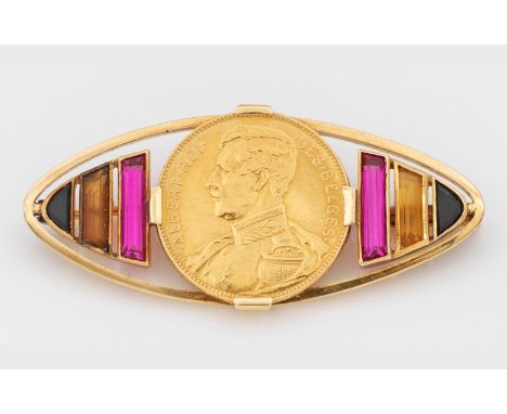 Brosche mit Gedenkmünze König Albert von Belgien, 1914 Gelbgold, 18 ct.; Zentral besetzt mit einer 20-Belgischen Francs Geden