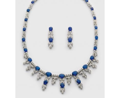 Haute Joaillerie-Saphir-Brillant-Collier à la Reine Collier und korrespondierendes Paar Ohrgehänge. Weißgold, gest. 750. Scha