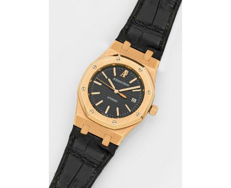 Herrenarmbanduhr von Audemars Piguet-"Royal Oak Jumbo" Roségold, gest. 750. Oktogonales Uhrengehäuse, Zifferblatt mit schwarz