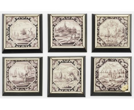Sechs Fliesen mit Landschaftsdekor im Achtkant Fayence. Dekor in Manganviolett. Eine Fliese besch.; Ca. 13 cm x 13 cm.A colle