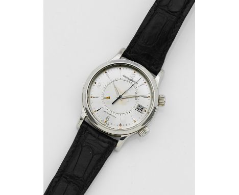 Herrenarmbanduhr von Jaeger-LeCoultre-"Master Reveil" von 1995Stahl. Rundes Uhrengehäuse, versilbertes satiniertes Zifferblat