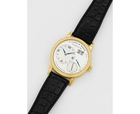 Herrenarmbanduhr Lange &amp; Söhne II-"Auf und Ab" von 1997 sog. "Lange 1, Auf und Ab". Gelbgold, gest. 750. Rundes Uhrengehä