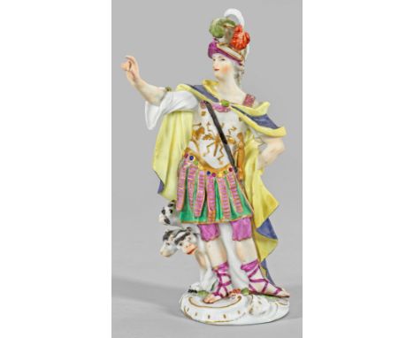 Allegorische Meissen Figur "Die dritte Monarchie: Griechenland" aus der Folge "Vier Monarchien"Auf rocaillereliefiertem Socke