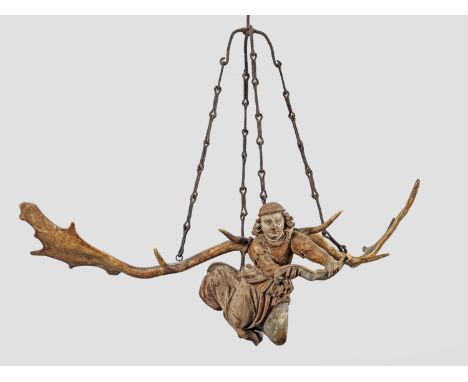 Spätgotische Lüsterfigur Lindenholz, geschnitzt mit Resten polychromer Fassung. Vollplastische Darstellung eines Verkündigung