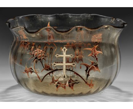 Frühe Gallé-Vase mit Disteldekor und Lothringer Kreuz Gedrückt gebauchte, ovale, längsoptisch geblasene Form mit weiter Öffnu