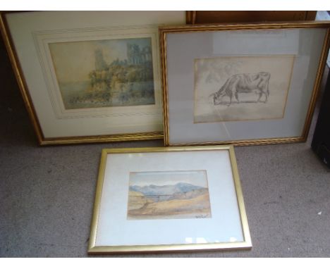A monochrome pen and wash sketch of a grazing cow, unsigned, together with clifftop ruins, watercolour, unsigned, and a water