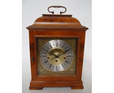 Peter Spicer: A Queen Anne style burr walnut bracket clock, the 5" square brass dial with silvered chapter ring, Roman numera