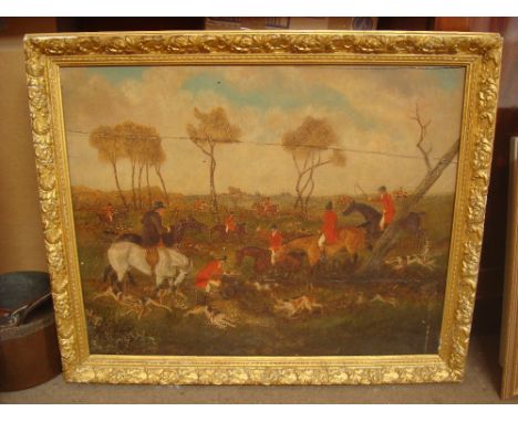 A naive hunting scene, oil on panel, a/f.
66 x 54cm. 