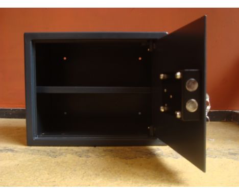 A small modern safe with shelf and two keys, floor or wall mountable. 38 x 30 x 30.5cm.