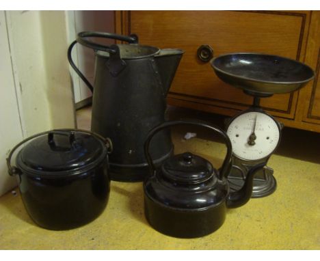 A Salters "Family Scale", a black enamel kettle and pan and a black painted galvanised two gallon jug with handle. 