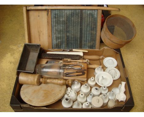 Kitchenalia.  Ceramic pie funnels, lemon squeezers etc along with two 19th Century choppers, a pestle, rolling pins, a Salter