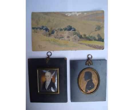 An 18th Century portrait miniature (a/f), a silhouette and a watercolour. 