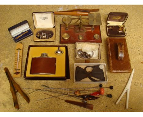 Desk postal scales, a leather desk blotter, glove stretchers, hat pins, hip flask, cufflinks etc. 