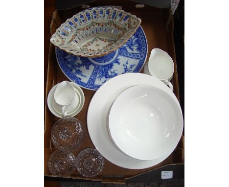 A blue and white wall plate, a pierced floral design ceramic basket, three glass bowls and covers and some modern china. 