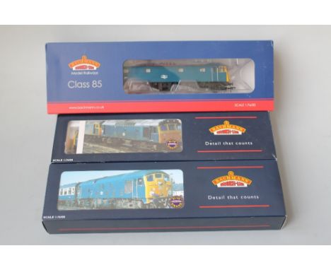 A BACHMANN 32-425 CLASS 24 DIESEL, in BR blue, a 32-401 class 25/3 diesel 3638+ in BR blue, and a Bachmann 31-678 class 85 el