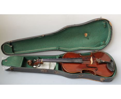 AN ANTIQUE TWO PIECE BACK VIOLIN, pressed wood plaque to the back of a man's head, with 'Professor Wilhelmj' impressed below,