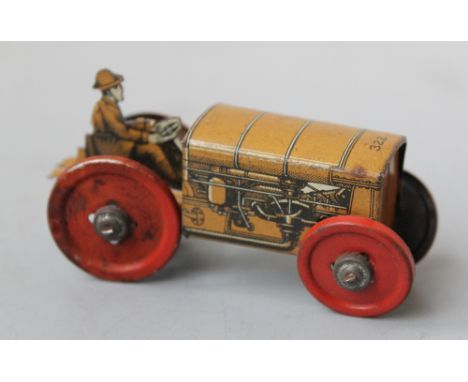 A SMALL TIN PLATE 'GEORGE FISHER' TRACTOR, finished in tan with red wheels, marked '322', L 7.5 cm Buyers - for shipping pric