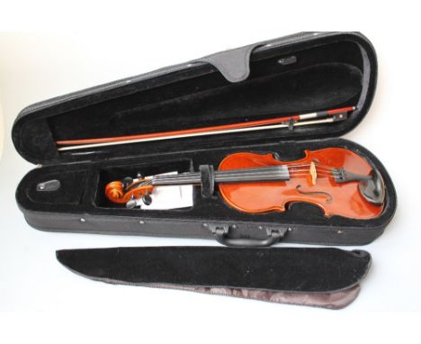 A 'STENTOR CONSERVATOIRE' TWO PIECE BACK VIOLIN AND BOW, in black carry case, L 60 cm Buyers - for shipping pricing on this l