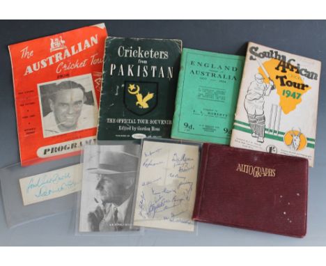 A CRICKET AUTOGRAPH BOOK AND EPHEMERA, to include South African cricket tour 1947 programme, 1956 Australian cricket tour 195