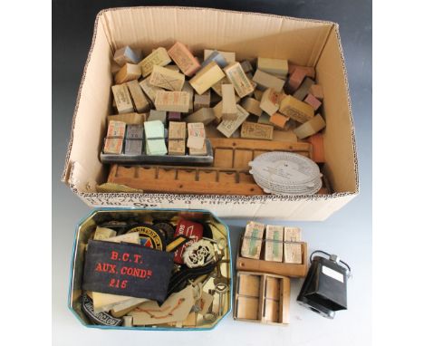 A COLLECTION OF BUS RELATED ITEMS including bus tickets, conductor's lamp, whistles, metal badges, bus keys, buttons, cloth b