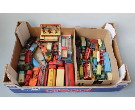 A TRAY OF DIECAST TOYS BY DINKY, CORGI, MATCHBOX ETC., consisting of cars and lorries, including a Triang Minic van Buyers - 