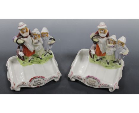 TWO VINTAGE CERAMIC 'YARDLEY ENGLISH LAVENDER' SOAP DISHES, each decorated with a figure group of a lavender lady and two chi