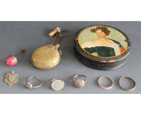 A 19TH CENTURY CIRCULAR PATCH BOX BEARING PAINTED DECORATION, Dia. 9 cm, together with a continental scent bottle and a colle