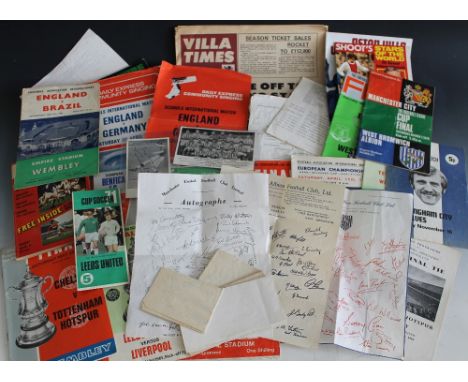 FOOTBALL PROGRAMMES AND EHEMERA including West Bromwich Albion 1956 postcard, Tommy Lawton signed picture, team autograph she