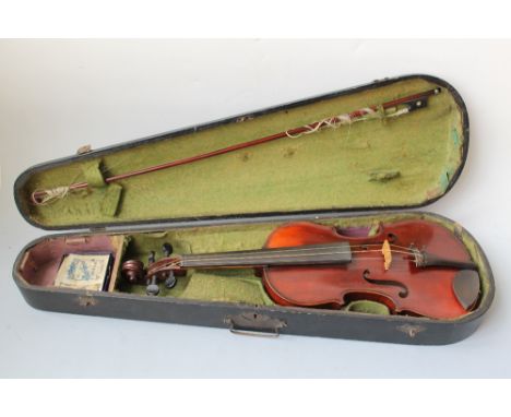 A 19TH CENTURY ONE PIECE BACK VIOLIN, in period fitted case, along with a bow marked 'Bausch', violin L 59 cm Buyers - for sh