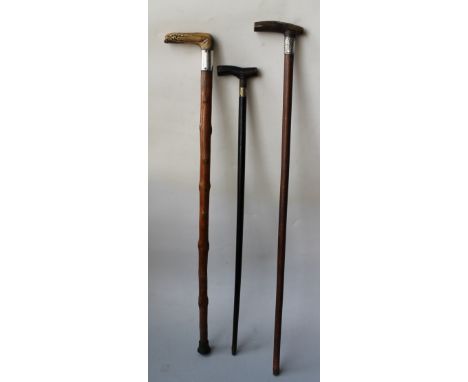 A HORN HANDLED WALKING STICK, with silver collar hallmarked Birmingham 1904, along with two other walking sticks (3) Buyers -