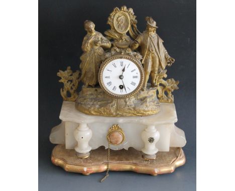 A 19TH CENTURY CONTINENTAL GILT METAL FIGURATIVE MANTEL CLOCK, raised on a shaped plinth, overall H 35 cm Buyers - for shippi