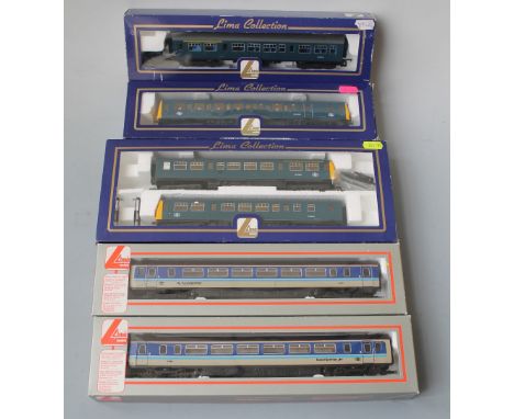 A LIMA 149897 CLASS 101 TWO CAR DMU, in BR blue with yellow ends, L305382 centre passenger coach, Lima L204608 class 121 loco