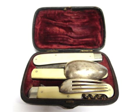 A LATE 19TH CENTURY TRAVELLING PERSONAL CUTLERY SET  comprising a folding knife, fork and spoon, the fork additionally fitted