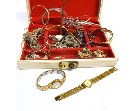 A COLLECTION OF SILVER AND COSTUME JEWELLERY INCLUDING A SILVER 'CHARM' BRACELET various silver curb chains; a pair of part-t