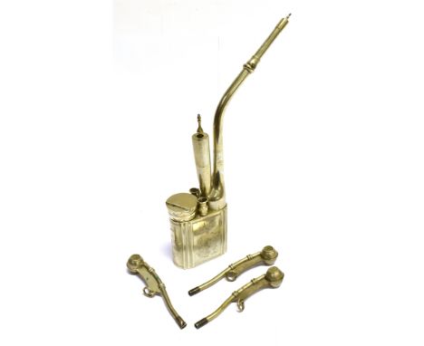 A PLATED JAPANESE 'OPIUM' PIPE AND THREE BOSUN'S WHISTLES the pipe engraved in aesthetic style with a vase of flowers, birds 