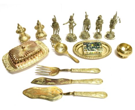 A SMALL COLLECTION OF PLATED ITEMS INCLUDING FIVE SMALL MILITARY FIGURES each approx. 12cm high (4 ¾ in); a round tea straine